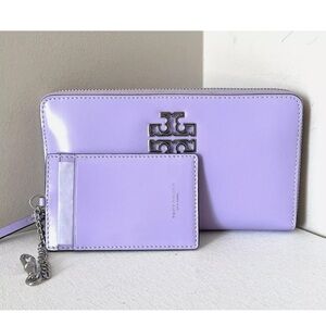 New Tory Burch Britten Patent Zip Continental Wallet Lavender with Card Holder